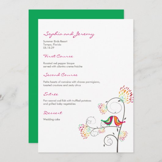 Whimsical Kleurrijke Kussen Zomer Vogels Bruiloft Menu (Voorkant / Achterkant)