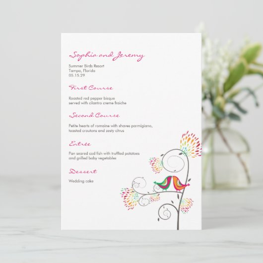 Whimsical Kleurrijke Kussen Zomer Vogels Bruiloft Menu (Staand voorkant)