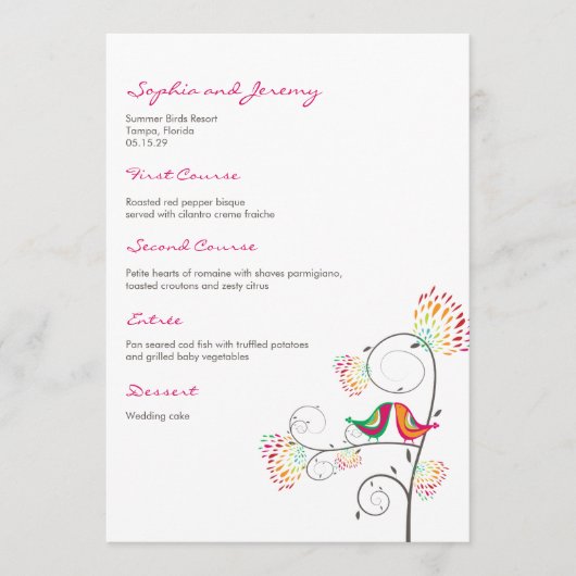 Whimsical Kleurrijke Kussen Zomer Vogels Bruiloft Menu (Voorkant)