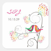 Whimsical Kleurrijke Kussen Zomer Vogels Bruiloft Vierkante Sticker (Voorkant)