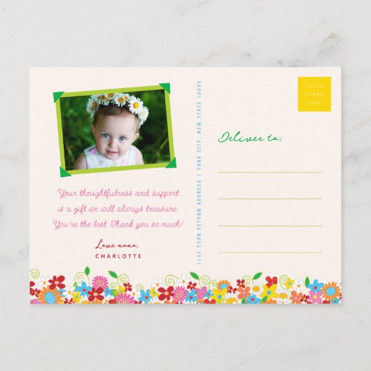 Whimsical Kleurrijke Lente Bloemen Tuin Dank u Uitnodiging Briefkaart (Achterkant)