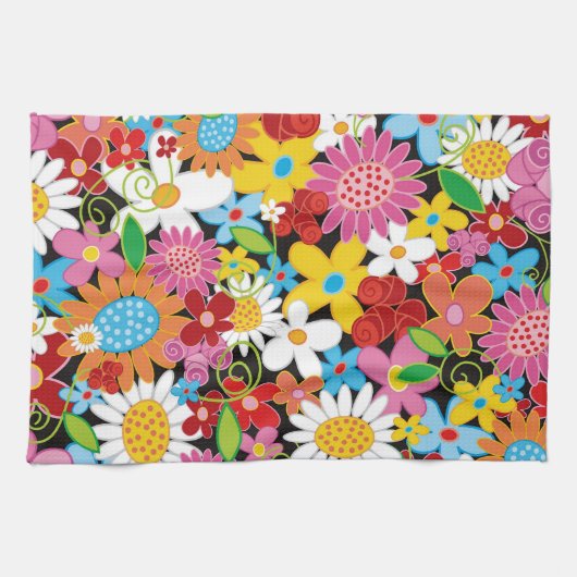 Whimsical Kleurrijke Lente Bloemen Tuin Keuken Theedoek (Horizontaal)