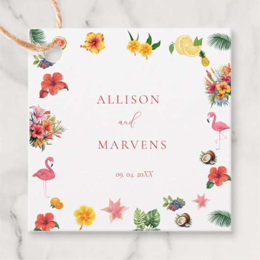 Whimsical Kleurrijke Leuke Tropische Flamingle Wed Bedankjes Labels (Voorkant)