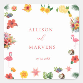 Whimsical Kleurrijke Leuke Tropische Flamingle Wed Vierkante Sticker