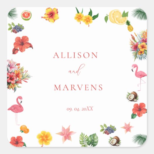 Whimsical Kleurrijke Leuke Tropische Flamingle Wed Vierkante Sticker (Voorkant)