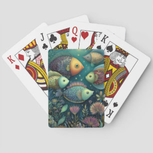 Whimsical Kleurrijke Vissen Onder de Maan en Sterr Pokerkaarten