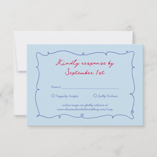Whimsical Kleurrijke Wavy Border & Script bruiloft RSVP Kaartje (Voorkant)