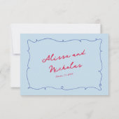 Whimsical Kleurrijke Wavy Border & Script bruiloft RSVP Kaartje (Achterkant)
