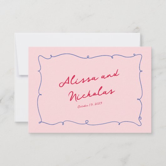 Whimsical Kleurrijke Wavy Border & Script bruiloft RSVP Kaartje (Achterkant)