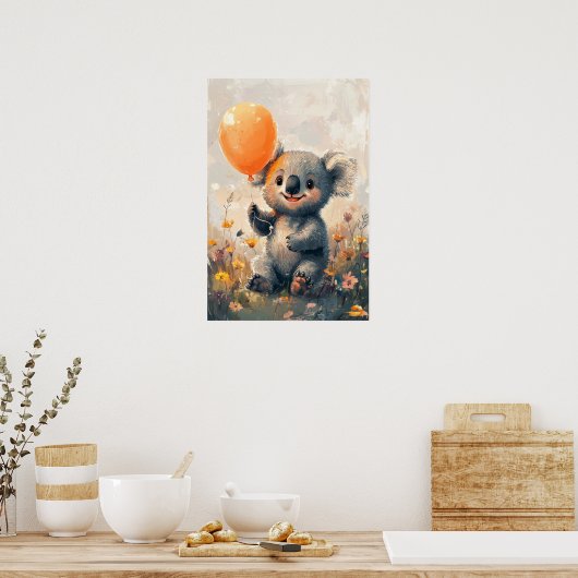 Whimsical Koala met Oranje ballon in Meadow Digi Poster (Keuken)