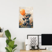 Whimsical Koala met Oranje ballon in Meadow Digi Poster (Thuiskantoor)