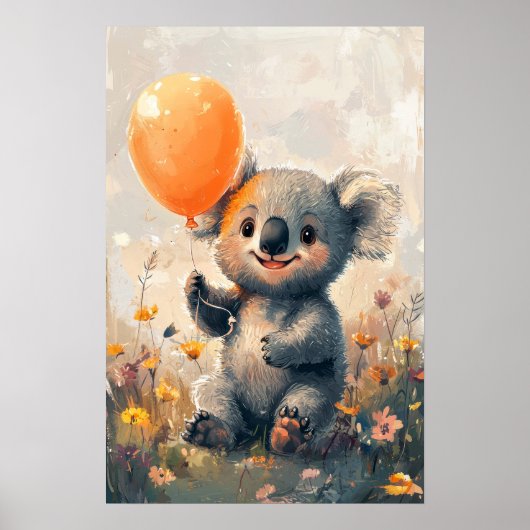 Whimsical Koala met Oranje ballon in Meadow Digi Poster (Voorkant)