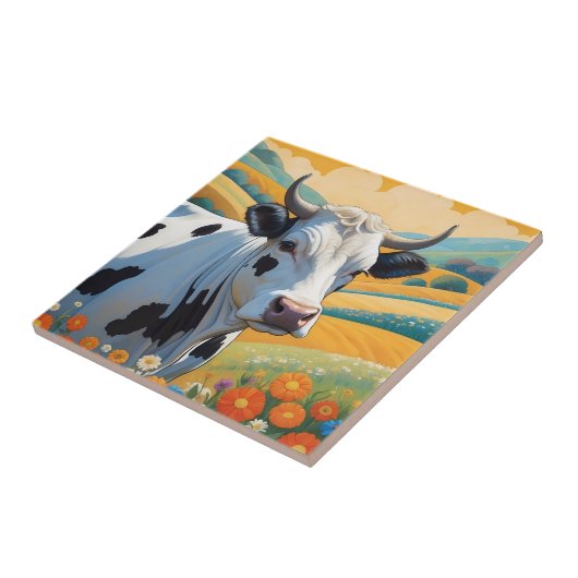 Whimsical Koe Kleurrijke Levendige Heuvels Tegeltje (Zijkant)