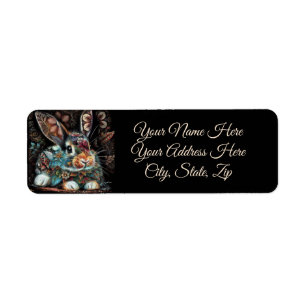 Whimsical Konijn Bloemrijk Abstract Zwart Teal  Etiket