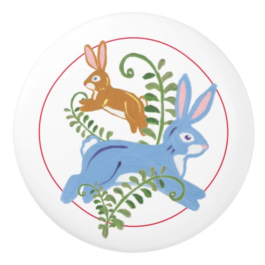 Whimsical konijn folk rustieke kinderkamer kind keramische knop (Voorkant)