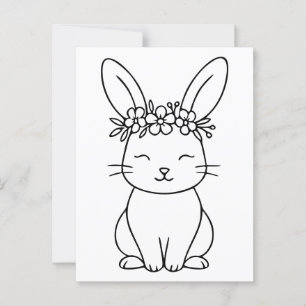 Whimsical Konijn met Bloemenkroon Lijnkunst Briefkaart