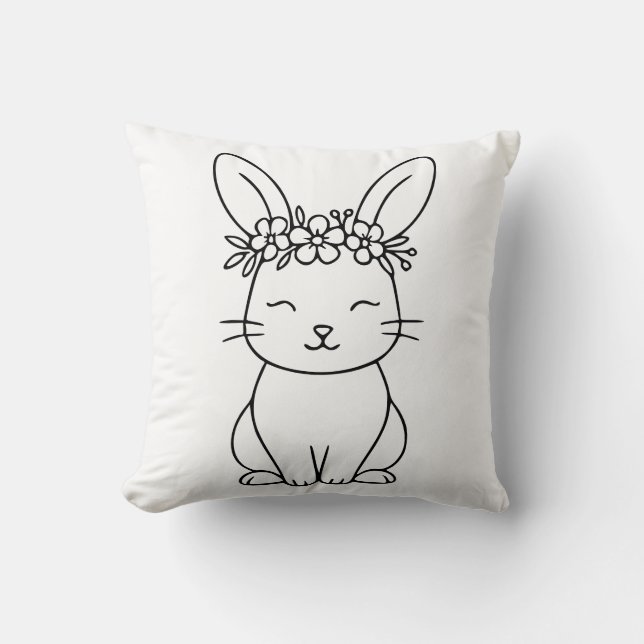 Whimsical Konijn met Bloemenkroon Lijnkunst  Kussen (Voorkant)