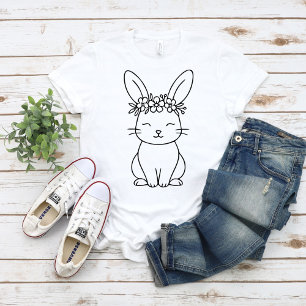 Whimsical Konijn met Bloemenkroon Lijnkunst T-shirt