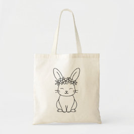 Whimsical Konijn met Bloemenkroon Lijnkunst Tote Bag