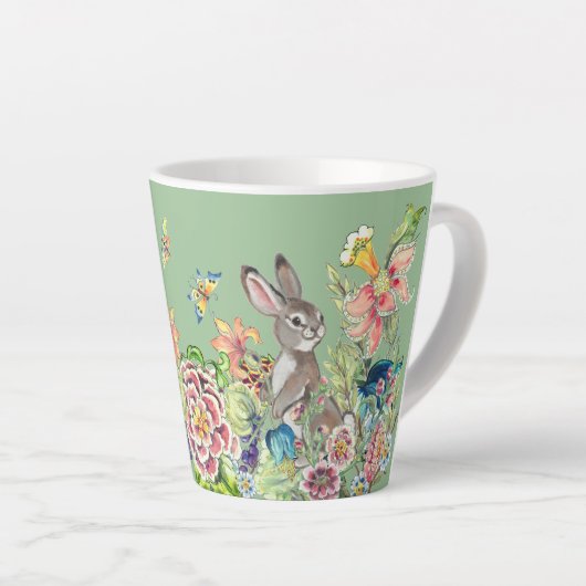 Whimsical Konijn Mint Groene Chinoiserie Bloemen Latte Mok (Rechterhoek)