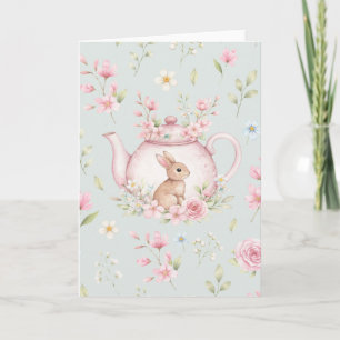 Whimsical Konijn Roze Theepot Bloemrijke Pasen Kaart