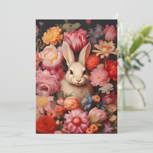 Whimsical  konijnenveer bloeit feestdagenkaart (Staand voorkant)