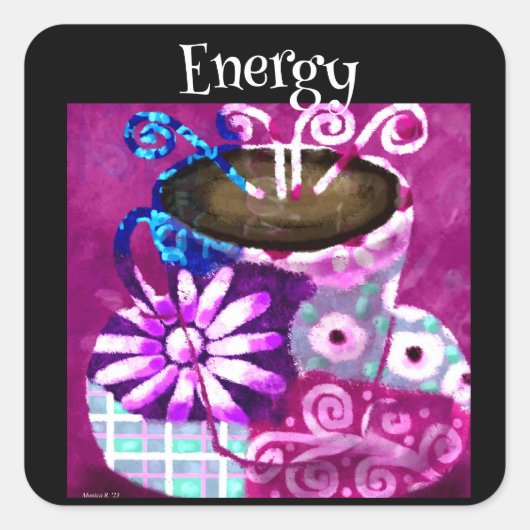 Whimsical Kopje Koffie Abstract Schilderen Paarse Vierkante Sticker (Voorkant)