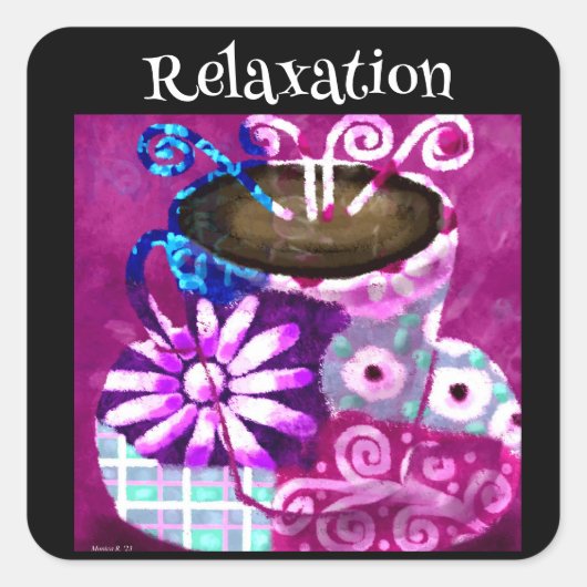 Whimsical Kopje Koffie Abstract Schilderen Paarse Vierkante Sticker (Voorkant)