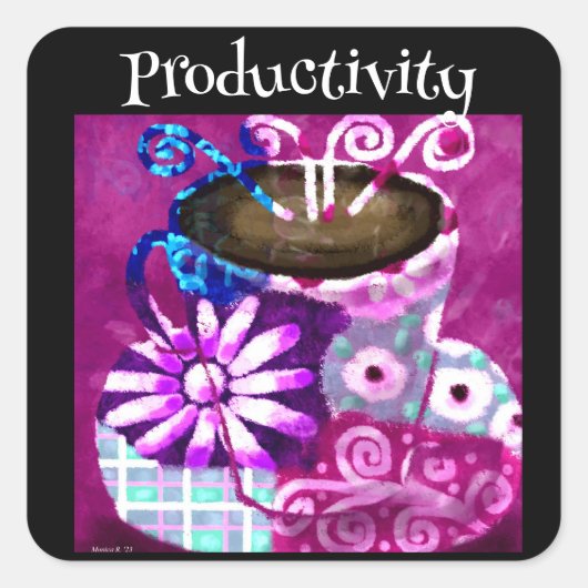 Whimsical Kopje Koffie Abstract Schilderen Paarse Vierkante Sticker (Voorkant)