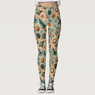 Whimsical Kosmische Raketten Sterren Teal Koraal Leggings