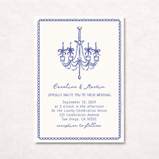 Whimsical kroonluchter, blauwe hand getrokken brui kaart