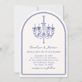 Whimsical kroonluchter, boog blauw hand getekend kaart