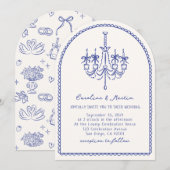 Whimsical kroonluchter, boog blauw hand getekend kaart (Voorkant / Achterkant)