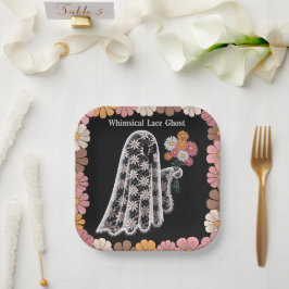 Whimsical Lace Ghost Illustratie met Bloemen Papieren Bordje