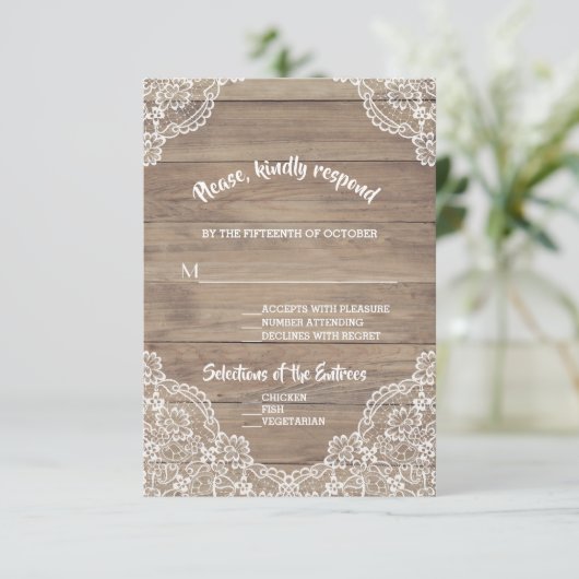 Whimsical  Lace Old Barn Wedding RSVP Kaartje (Staand voorkant)