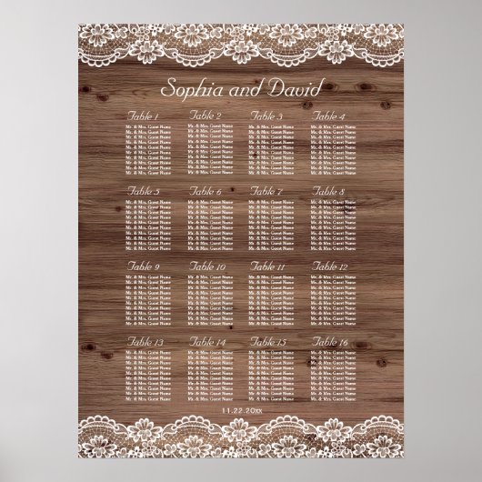Whimsical Lace Old Barn Wedding Seding Chart Poster (Voorkant)