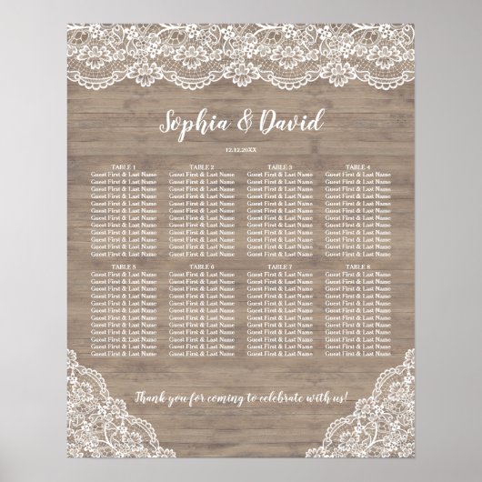 Whimsical  Lace Wood Wedding Seding Chart Poster (Voorkant)