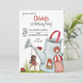 Whimsical Lady Bug Garden House Swing 1st Birthday Kaart (Staand voorkant)