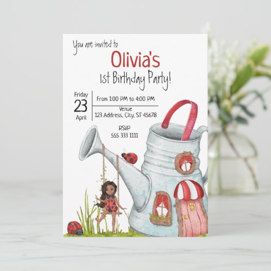 Whimsical Lady Bug Garden House Swing 1st Birthday Kaart (Staand voorkant)