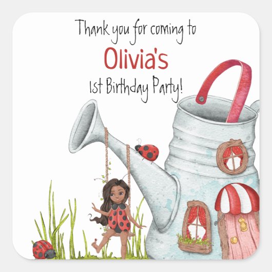 Whimsical Lady Bug Swing Garden House 1st Birthday Vierkante Sticker (Voorkant)
