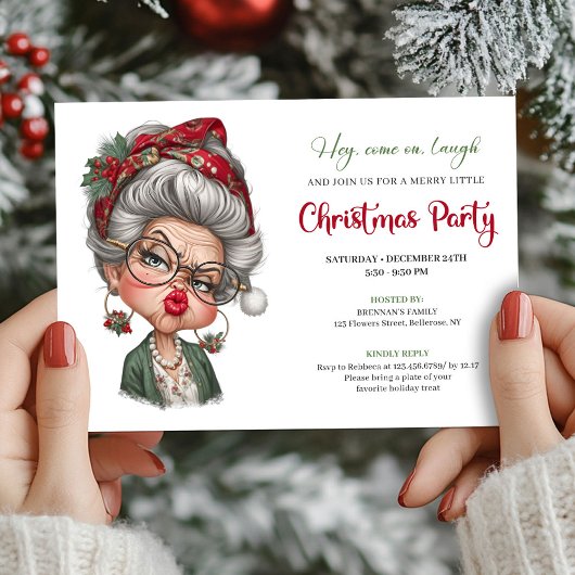 Whimsical lady humor Christmas holiday invitation Kaart