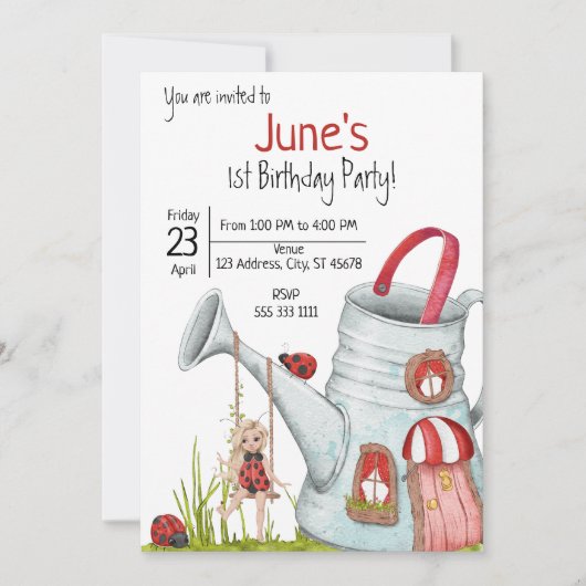 Whimsical LadyBug 1st Birthday Kaart (Voorkant)