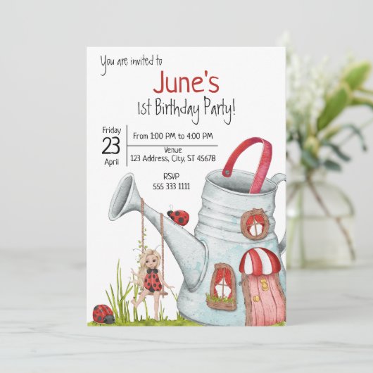 Whimsical LadyBug 1st Birthday Kaart (Staand voorkant)