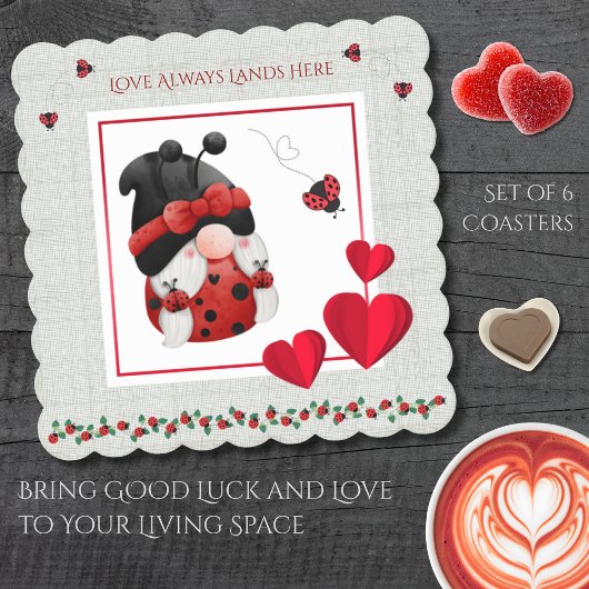 Whimsical Ladybug Love Always Lands Here Gnome Kartonnen Onderzetters
