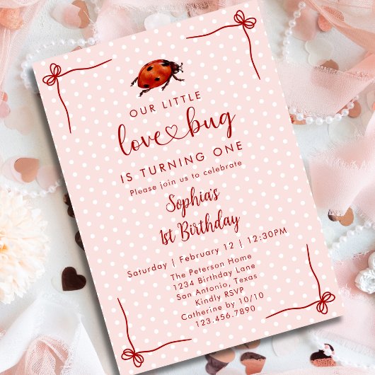 Whimsical Ladybug Love Bug Girl 1st Birthday Kaart