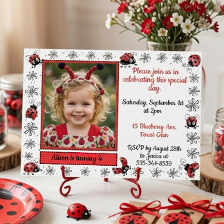Whimsical Ladybug Photo Birthday Invitation Kaart