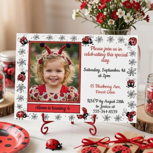 Whimsical Ladybug Photo Birthday Invitation Kaart