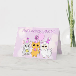 Whimsical lama, kitten en muis meisje verjaardag kaart