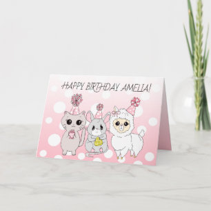 Whimsical lama, kitten en muis meisje verjaardag kaart