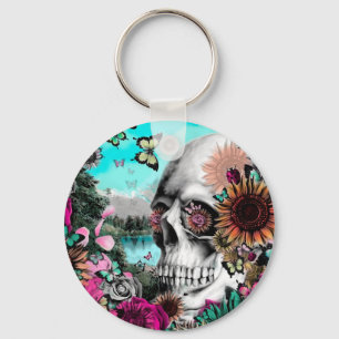 Whimsical Landscape skull met florals Sleutelhanger